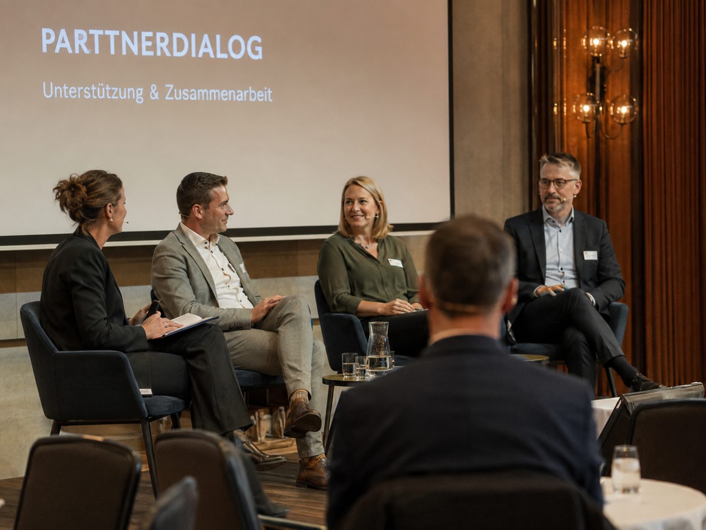 Podiumsdialog zu Unterstützung und Zusammenarbeit – vier Gesprächsteilnehmende auf der Bühne