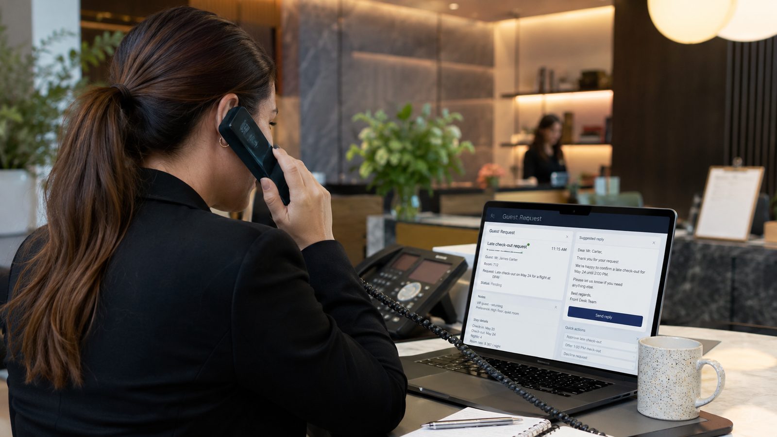 Mitarbeiterin am Telefon an der Réception, daneben Laptop mit Anfrage-Übersicht