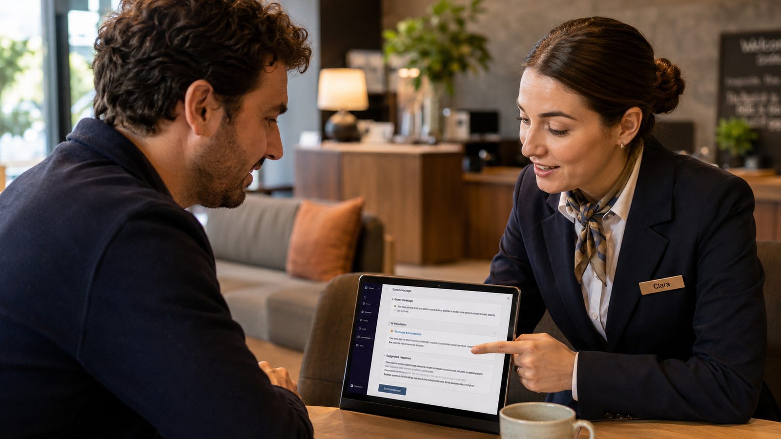 Mitarbeiterin zeigt einem Gast Informationen auf dem Tablet