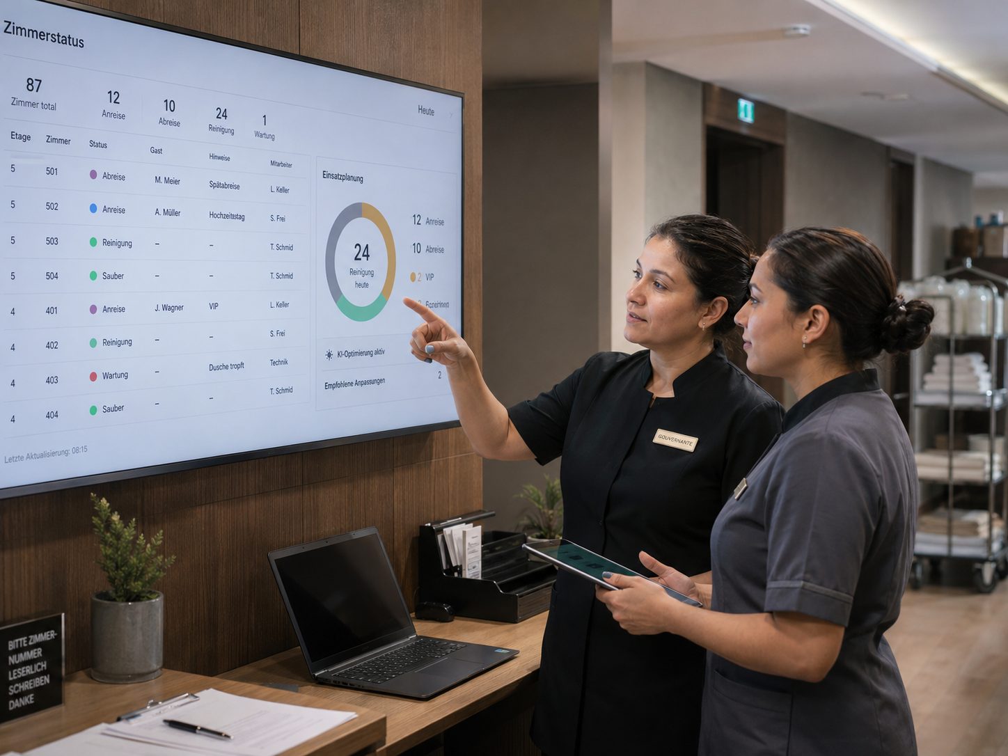 Housekeeping-Team bespricht den Zimmerstatus am Dashboard
