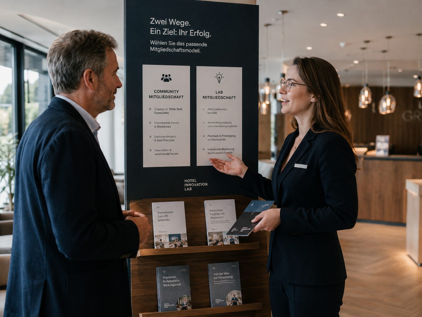 Beratungsgespräch am Mitgliedschafts-Stand in einer Hotellobby